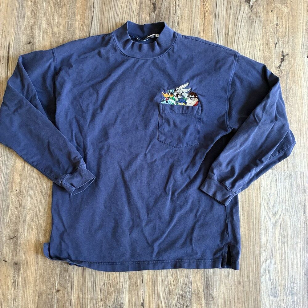 Warner Bros. Studio Store Looney Tunes Embroidered Pocket Mock Neck Blue L